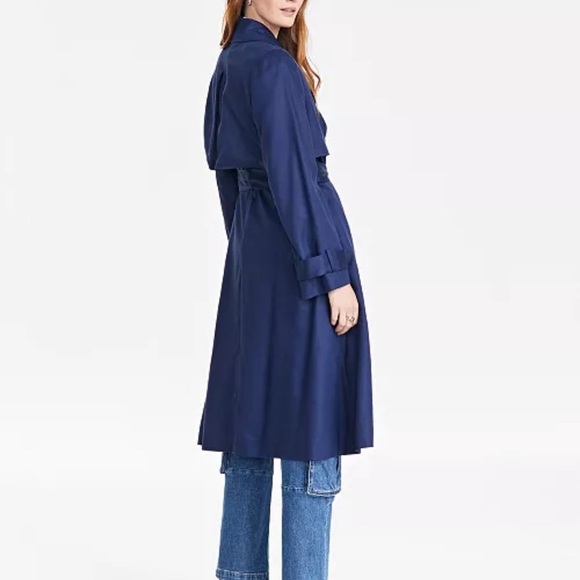 Navy Blue Trench Coat with Belted Waist and Long Silhouette - Picture 8 of 11